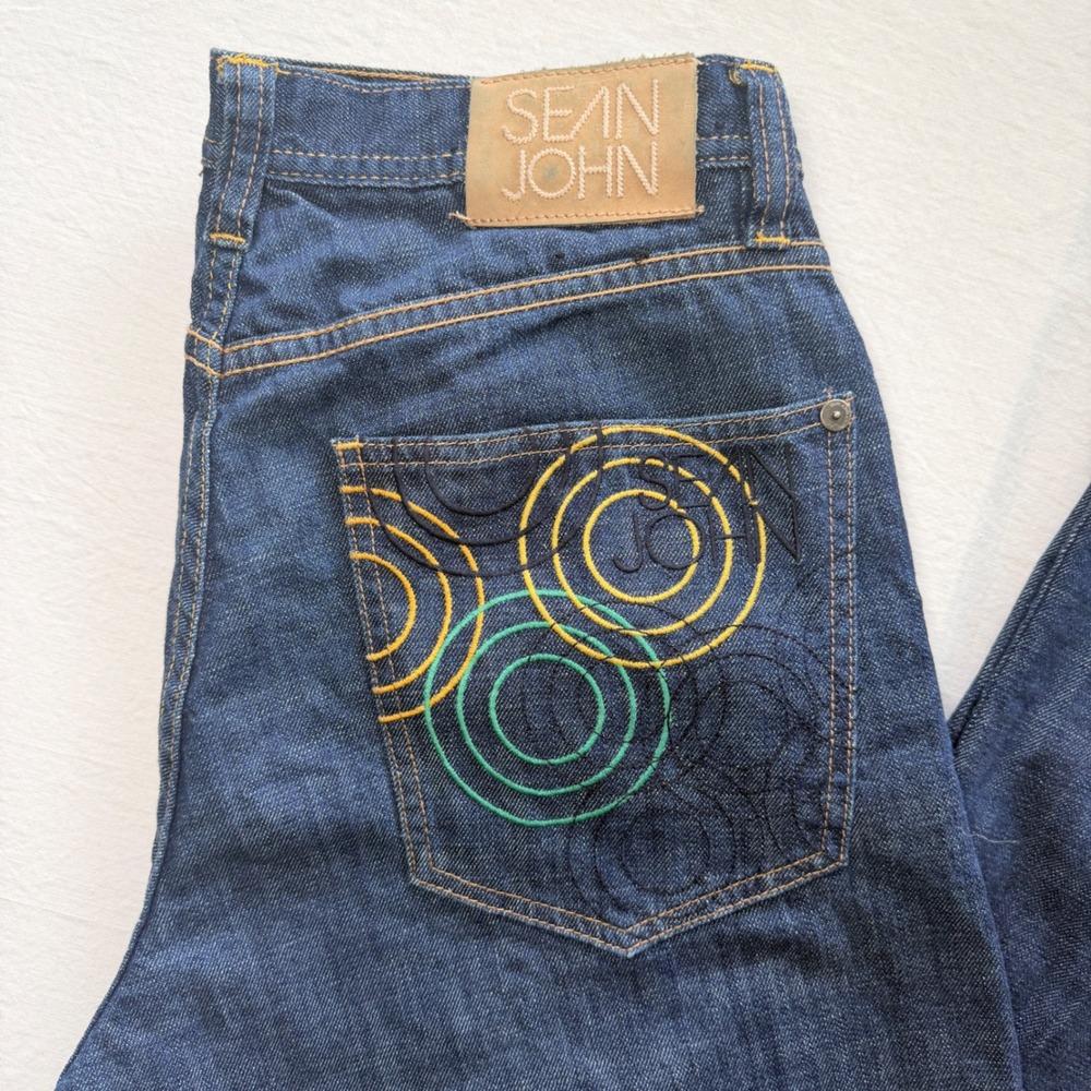 Sean John Jeans Mens 32 Dark Blue Denim Embroidered Pocket Cotton Y2K Style - Picture 3 of 8